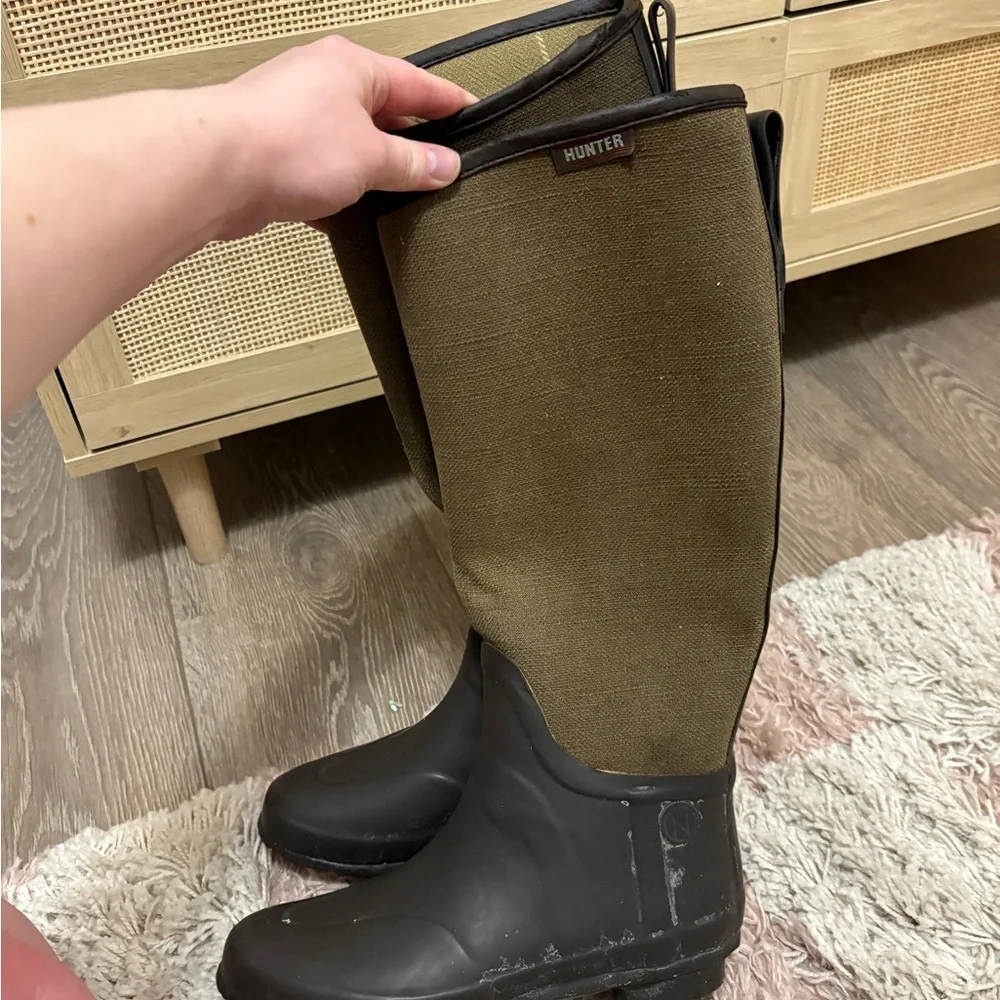 Hunter Olive Canvas and Chocolate Brown Rubber Tall Rain Boot